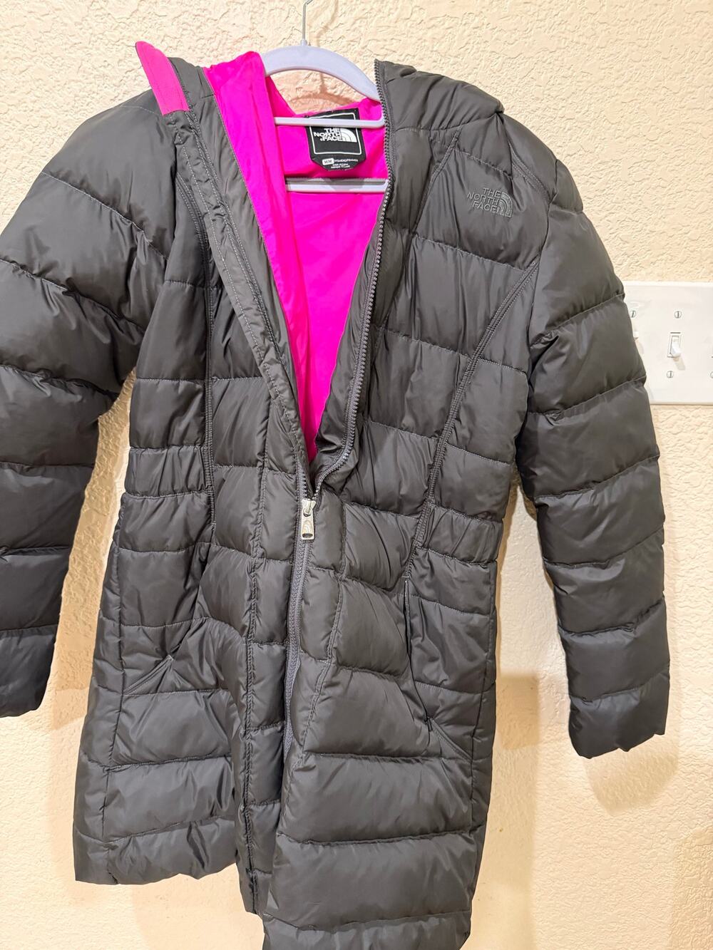North Face Down PUff Parka. Black with pink interior and hood.